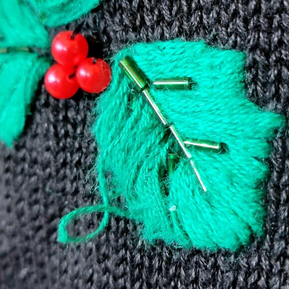 Vintage Christmas Cardigan Sweater With Embroidered Stockings & Holly - Picture 10 of 16